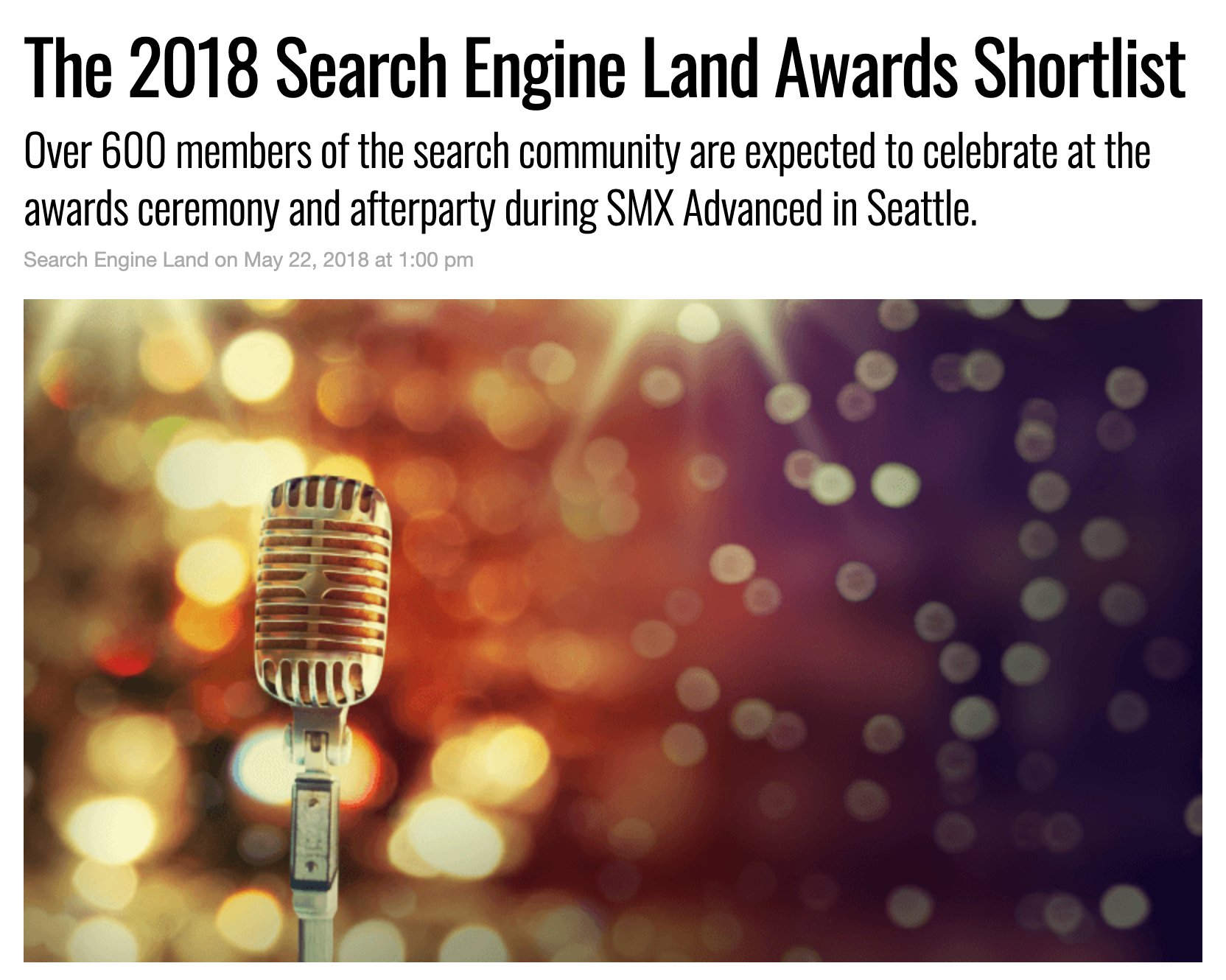 Search Engine Land, May 22, 2018: The 2018 Search Engine Land Awards Shortlist